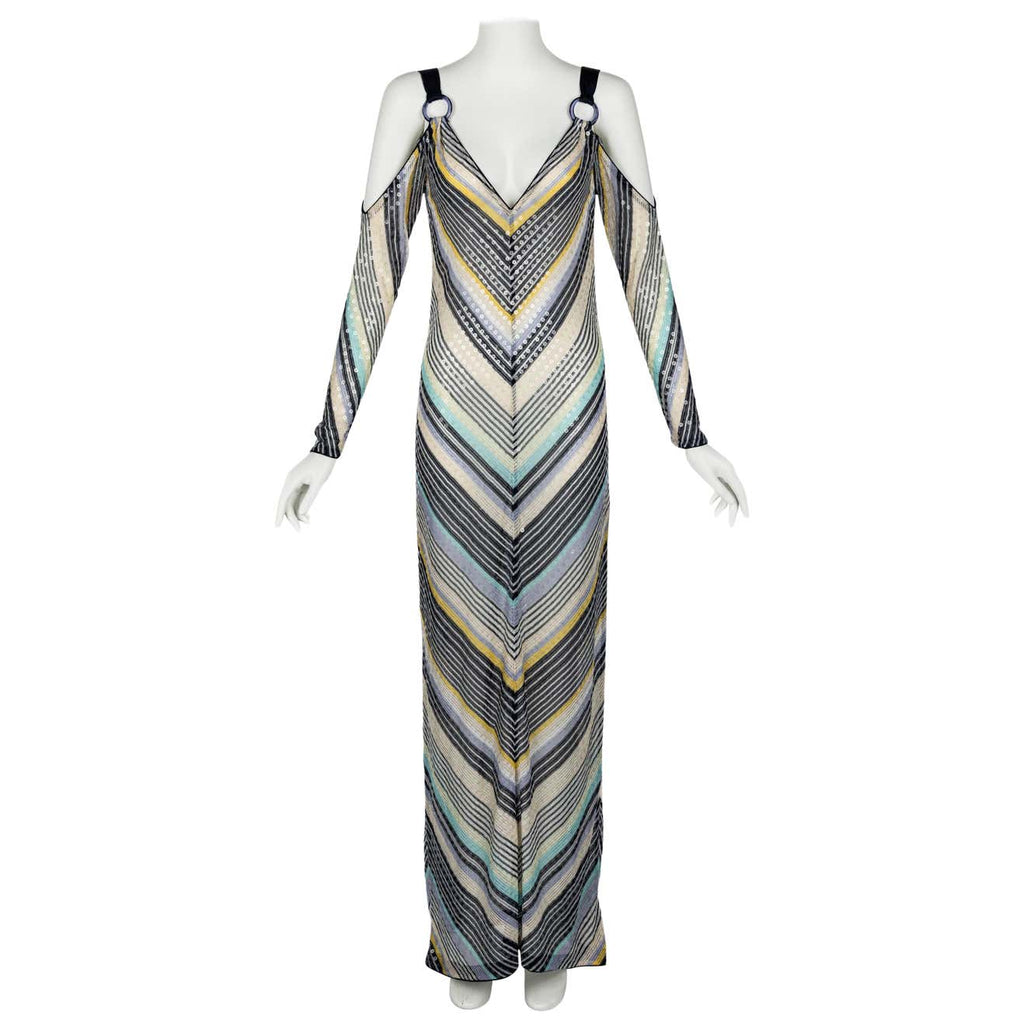 Missoni Vintage Sequin Chevron Open Shoulder Maxi Dress Basha Gold