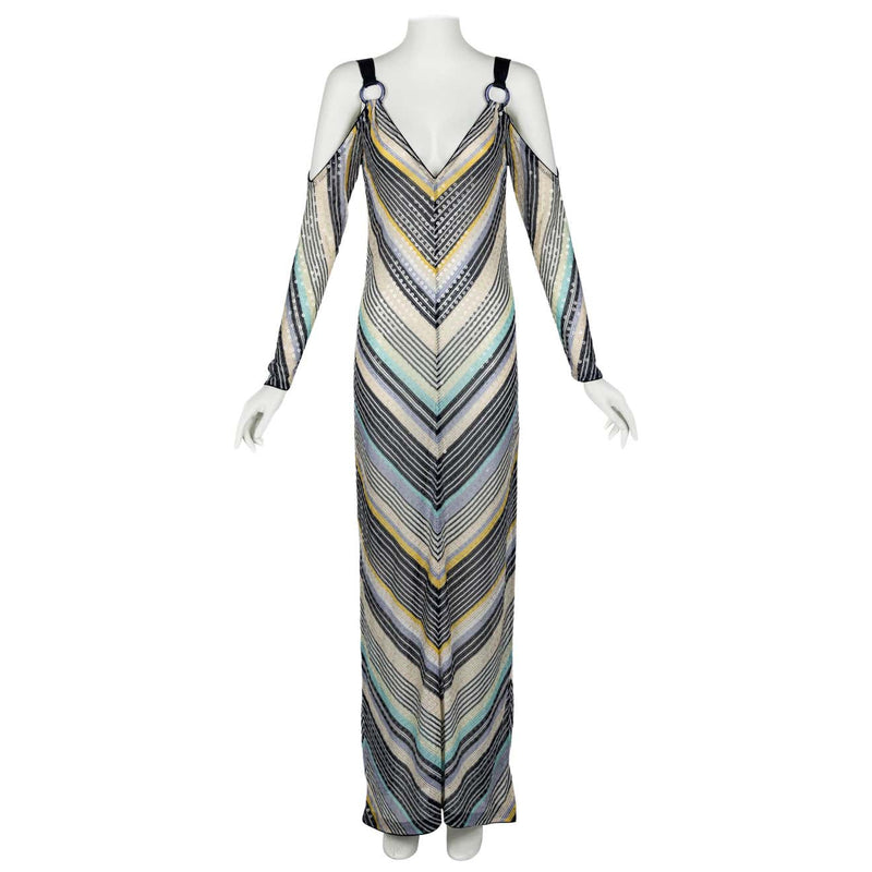 Missoni Vintage Sequin Chevron Open Shoulder Maxi Dress Basha Gold