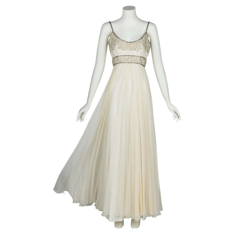 Alfred Bosand Ivory beaded Bodice Silk chiffon Gown, 1970s