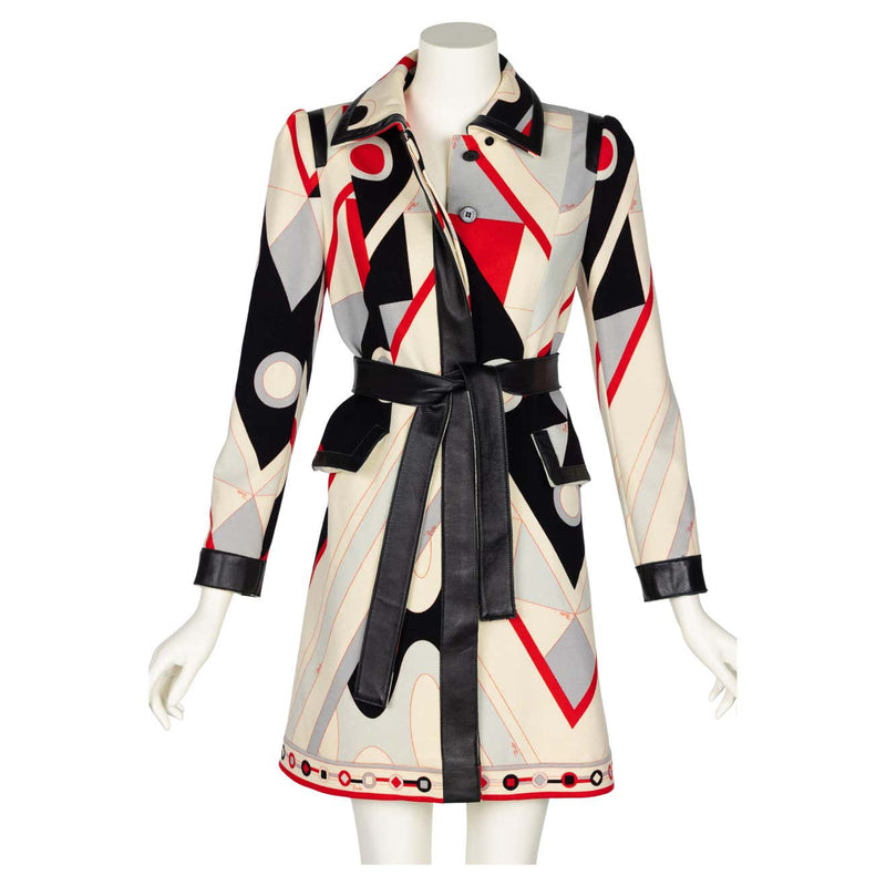 Vintage Pucci Wool Geometric Print Leather Belted Coat Dress