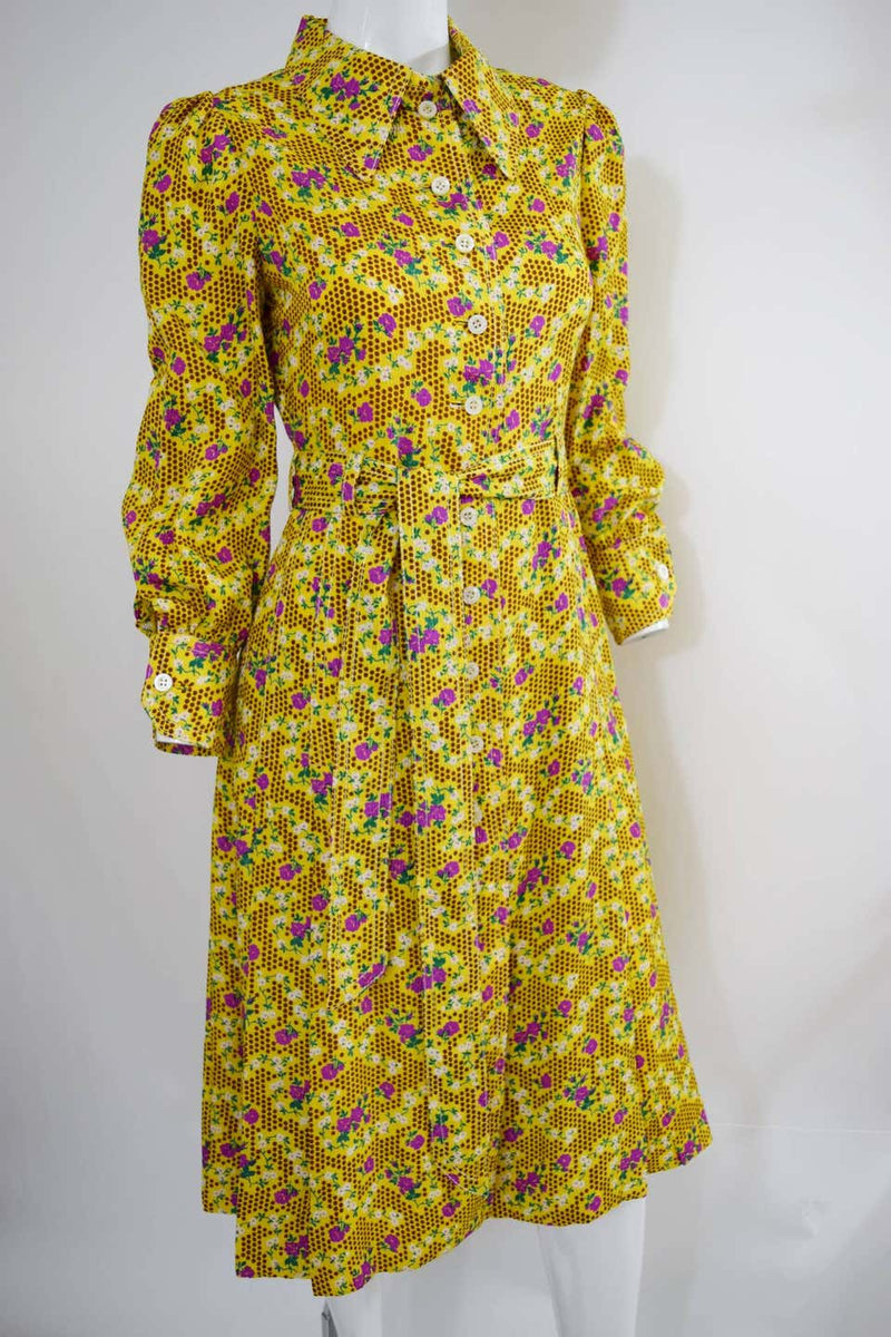 1970s Yellow Floral Printed Galanos Dress w/ Sash