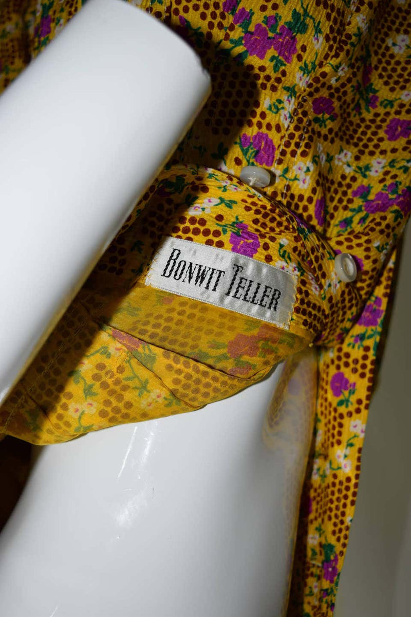 1970s Yellow Floral Printed Galanos Dress w/ Sash
