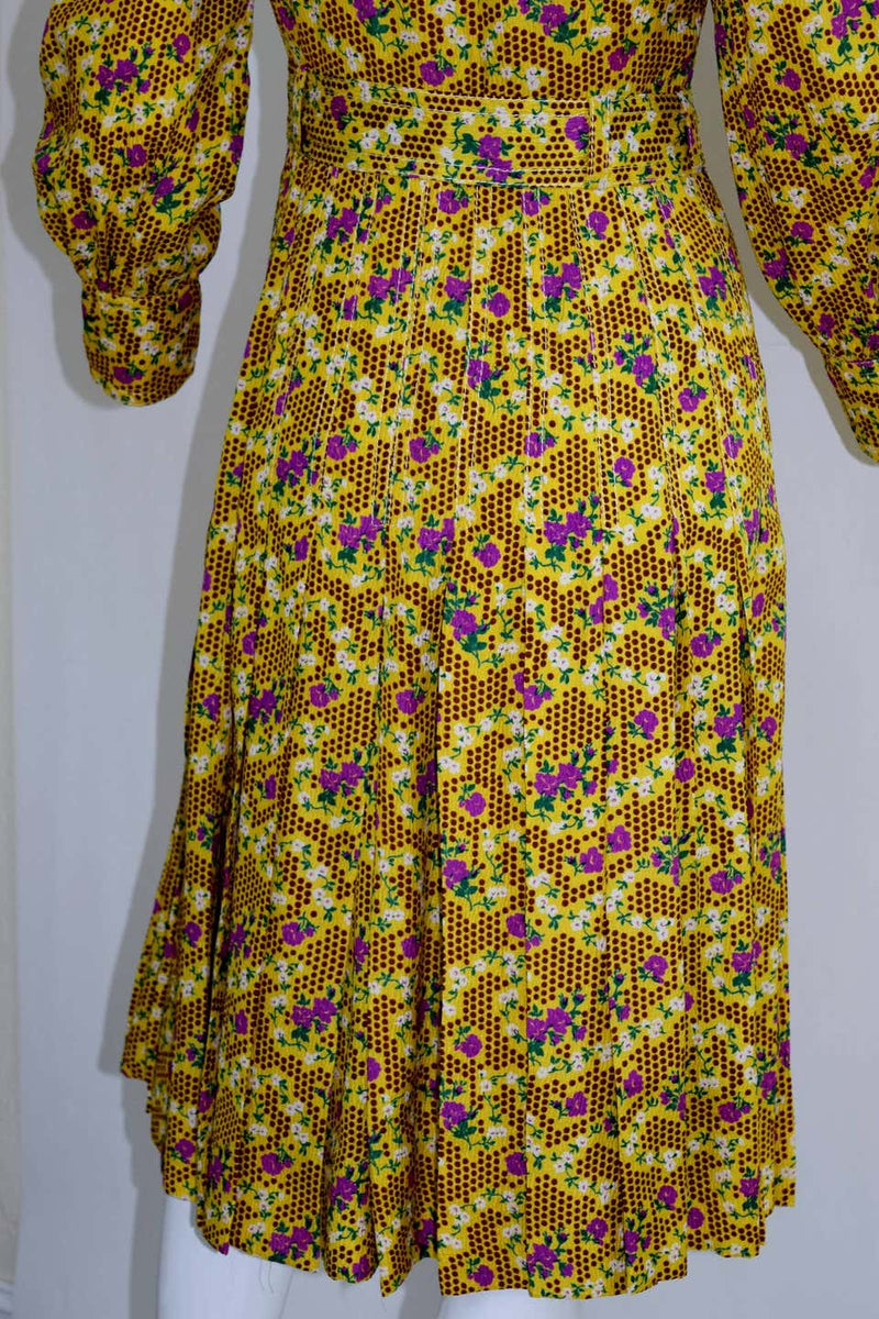 1970s Yellow Floral Printed Galanos Dress w/ Sash