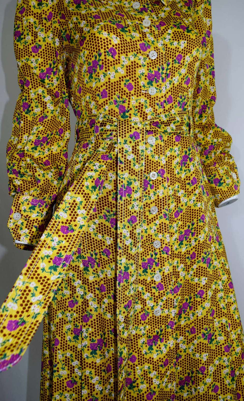 1970s Yellow Floral Printed Galanos Dress w/ Sash