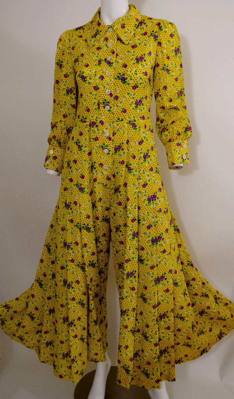 1970s Galanos Yellow Floral Print Palazzo Pant Jumpsuit